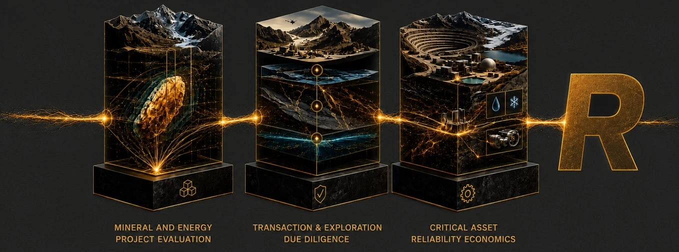 ROGUE's three service pillars — Mineral & Energy Project Evaluation, Transaction & Exploration Due Diligence, Critical Asset Reliability Economics — connected by data veins to the ROGUE mark
